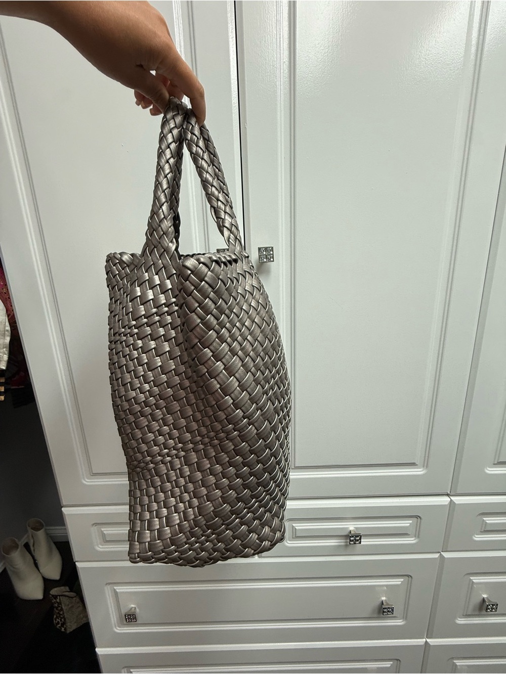 Woven Metallic Tote Bag in Pewter - Picture 8 of 8